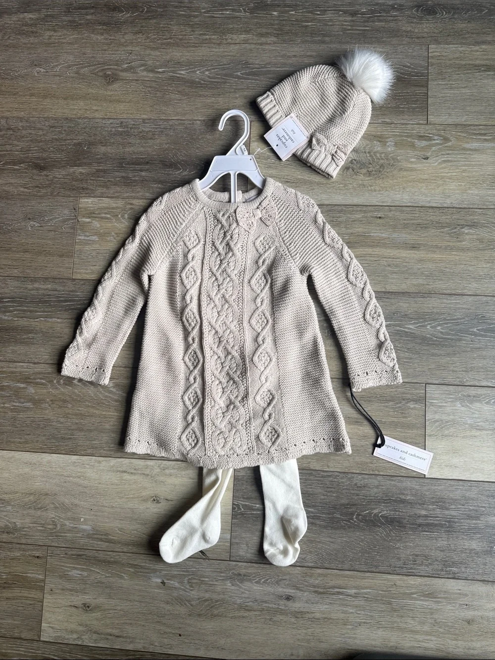 cupcakes & cashmere Beige Cable Knit Dress with Pom Pom Hat